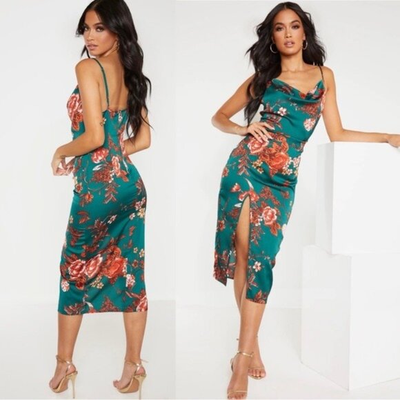 NEW Pretty Little Thing Emerald Green Floral Strappy Satin Cowl Midi Dress - Picture 1 of 9